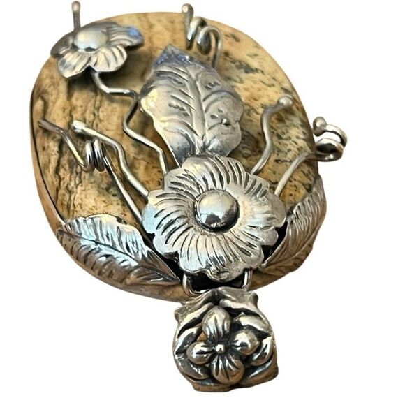 Artisan Large Sterling Silver Picture Jasper Pendant Tan Quartz Flower Necklace - Picture 5 of 8